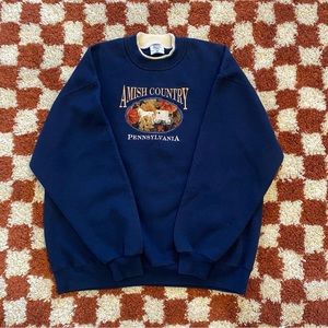 Vintage Amish Country Pennsylvania Embroidered Navy Blue Sweatshirt